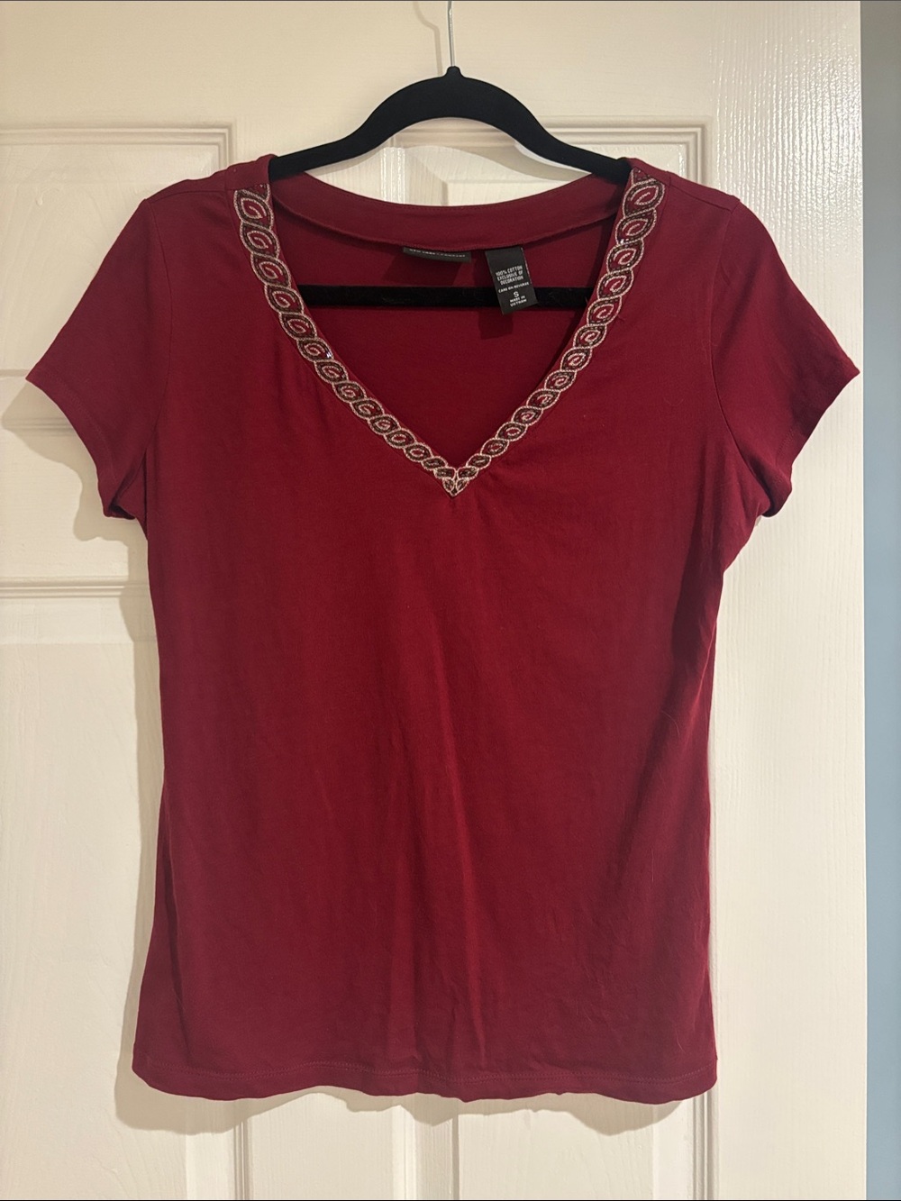 New York & Company Embellished V-Neck Short Sleeve Top - Burgundy